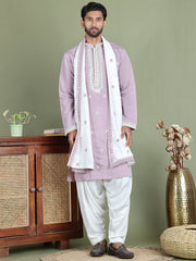 Embroidered Blue Silk Blend Kurta Salwar and Dupatta Set for Men ( JOKP SP-D 5077Purple )