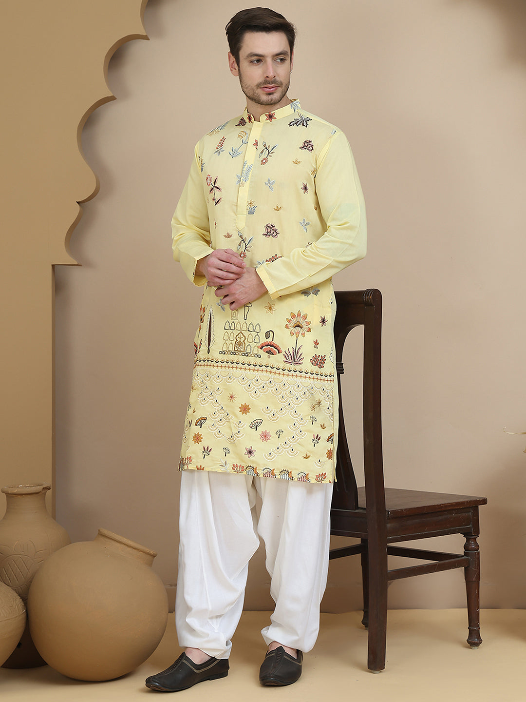 DesiQlo Men Embroidered Kurta Pyjama Set - Yellow - JOKP_SP-W_5140Yell