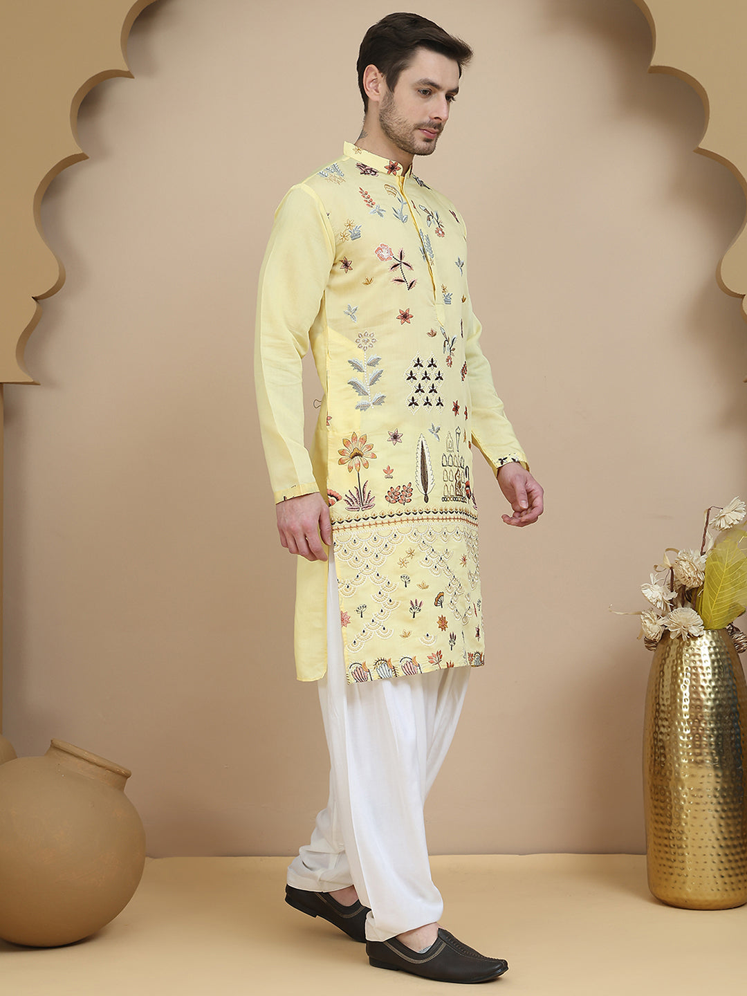 DesiQlo Men Embroidered Kurta Pyjama Set - Yellow - JOKP_SP-W_5140Yell
