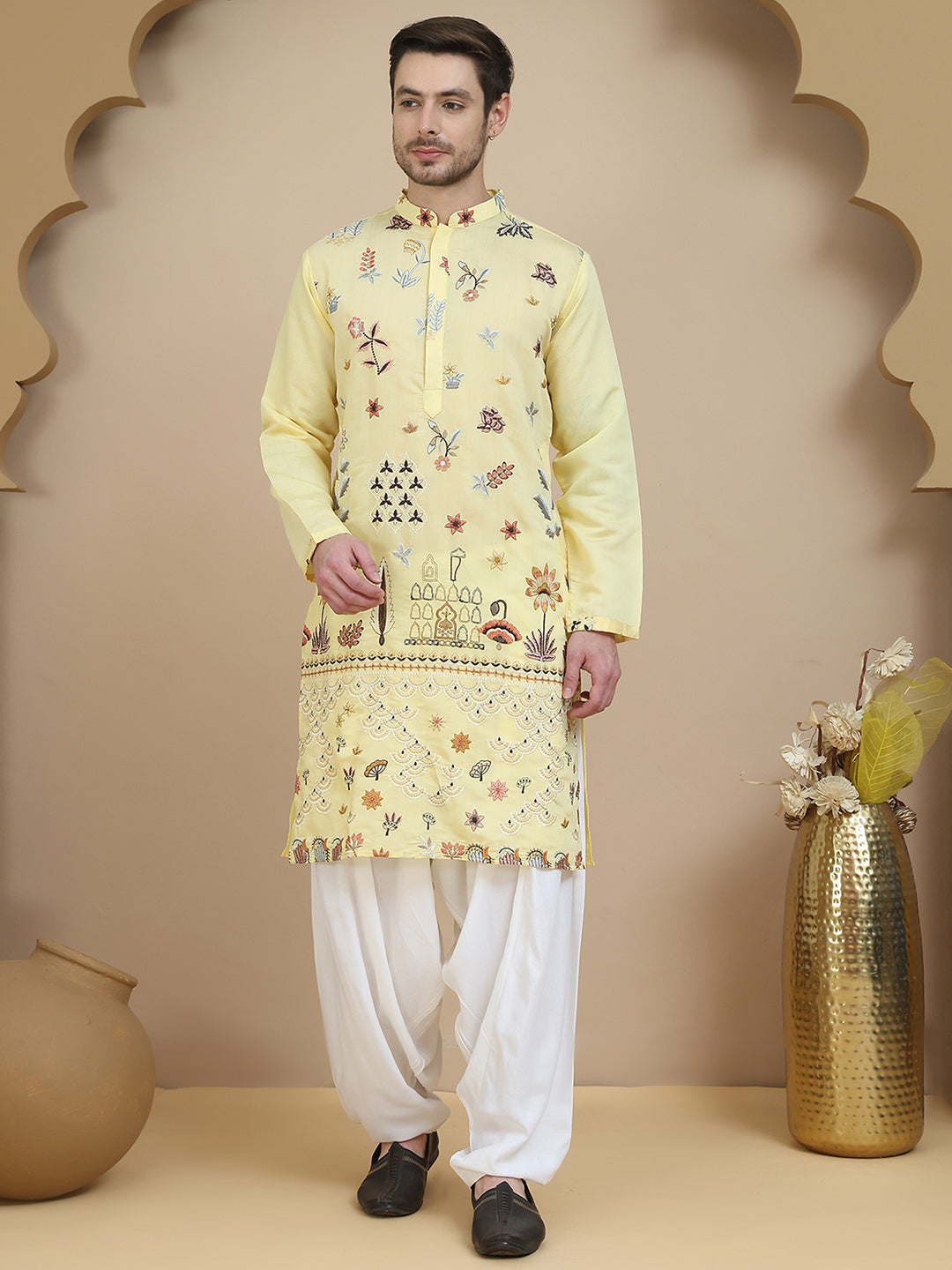 DesiQlo Men Embroidered Kurta Pyjama Set - Yellow - JOKP_SP-W_5140Yell