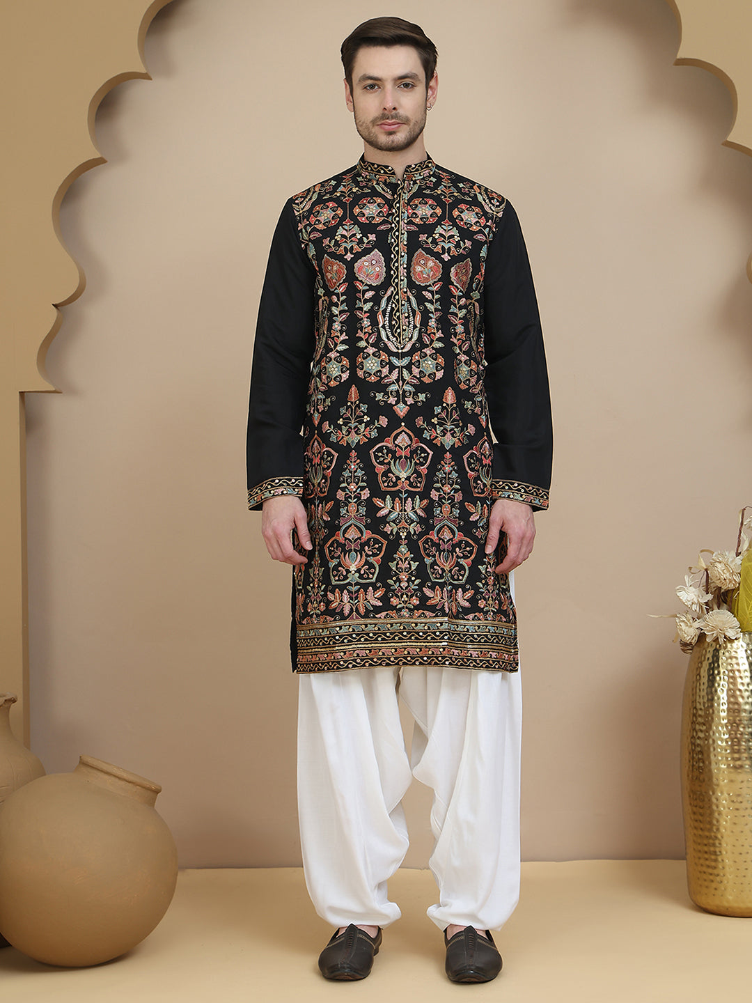DesiQlo Men Embroidered Kurta Pyjama Set - Black - JOKP_SP-W_5200Black