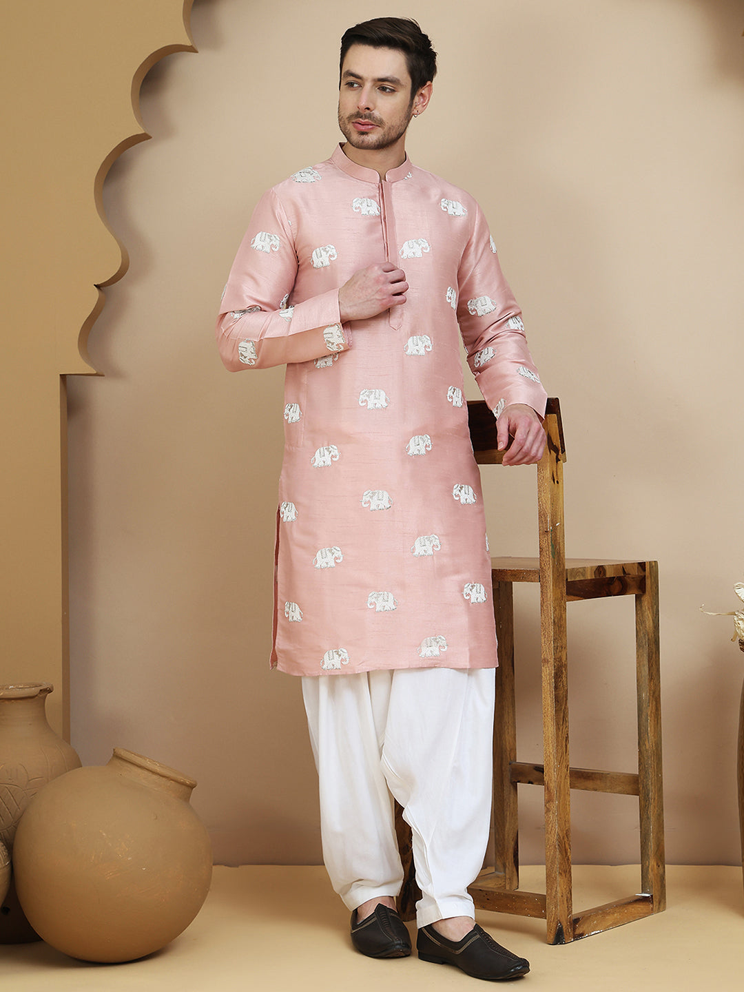 DesiQlo Men Embroidered Kurta Pyjama Set - Orange - JOKP_SP-W_5247Peac