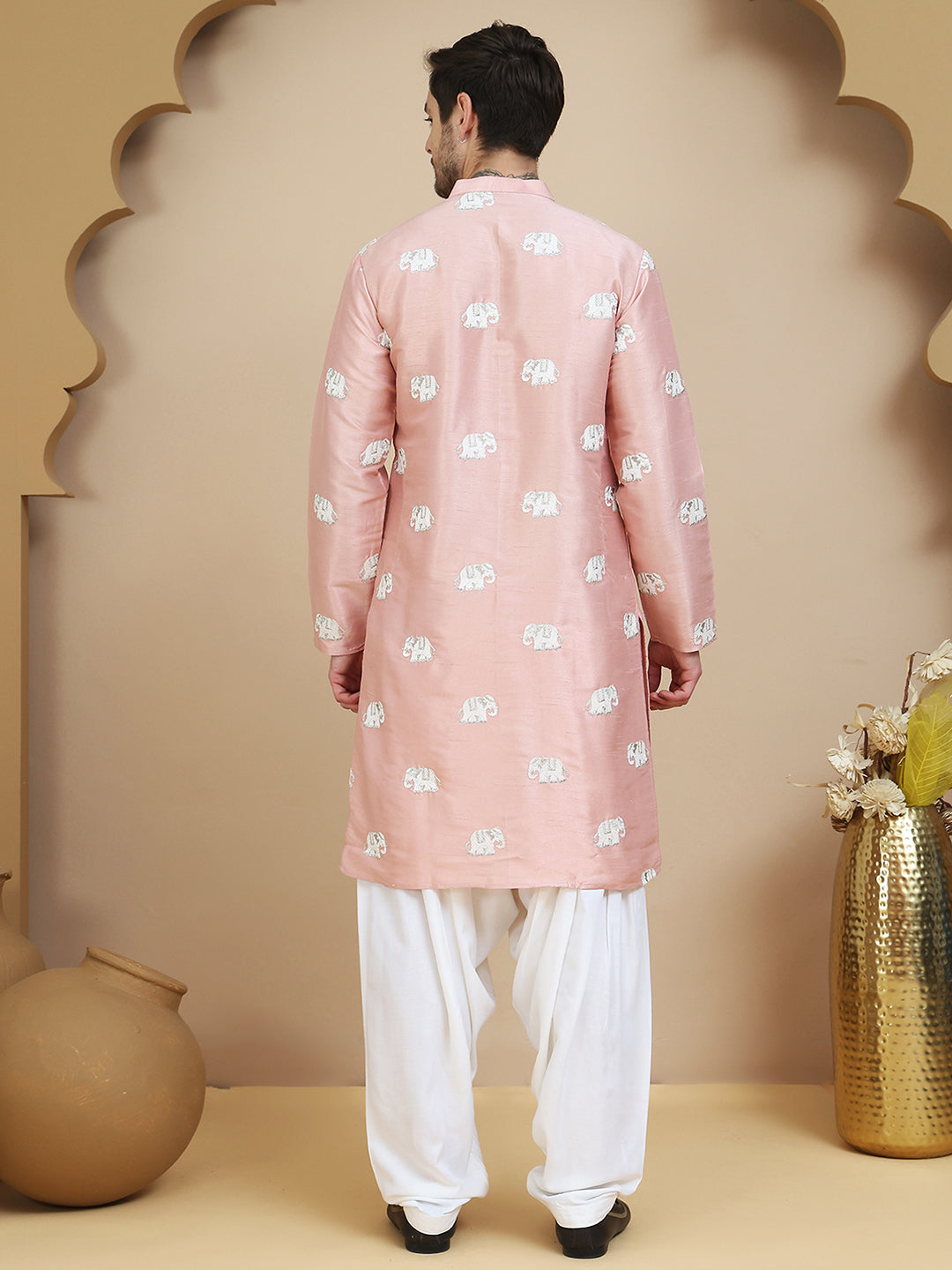 DesiQlo Men Embroidered Kurta Pyjama Set - Orange - JOKP_SP-W_5247Peac