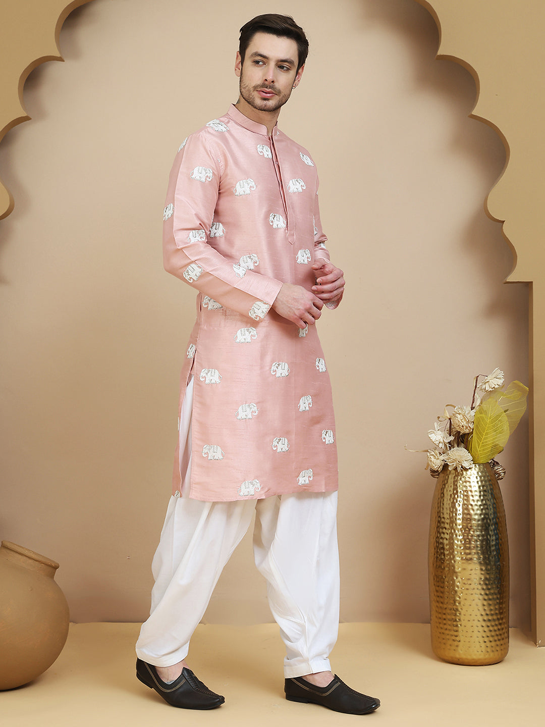 DesiQlo Men Embroidered Kurta Pyjama Set - Orange - JOKP_SP-W_5247Peac