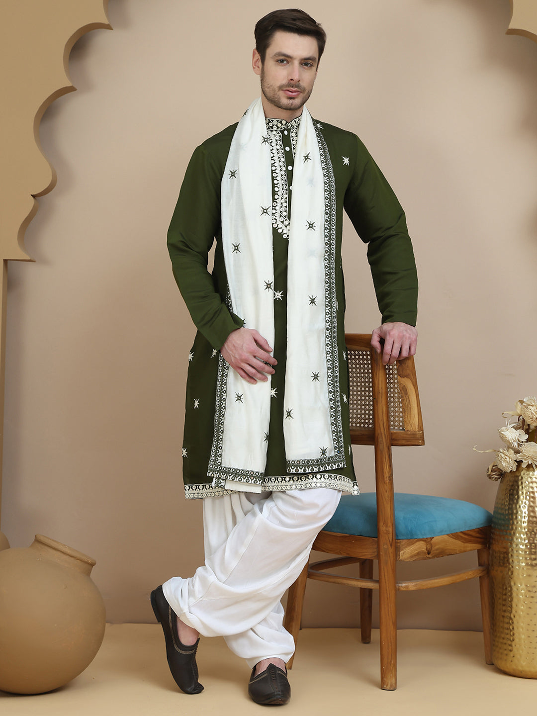 Embroidered Silk Blend Kurta Salwar and Dupatta Set for Men ( JOKP SP D 5077 Olive )