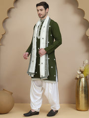 Embroidered Silk Blend Kurta Salwar and Dupatta Set for Men ( JOKP SP D 5077 Olive )