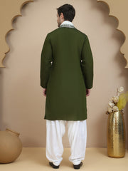 Embroidered Silk Blend Kurta Salwar and Dupatta Set for Men ( JOKP SP D 5077 Olive )