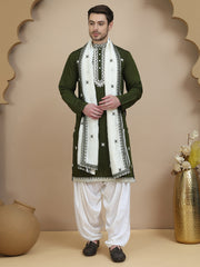 Embroidered Silk Blend Kurta Salwar and Dupatta Set for Men ( JOKP SP D 5077 Olive )
