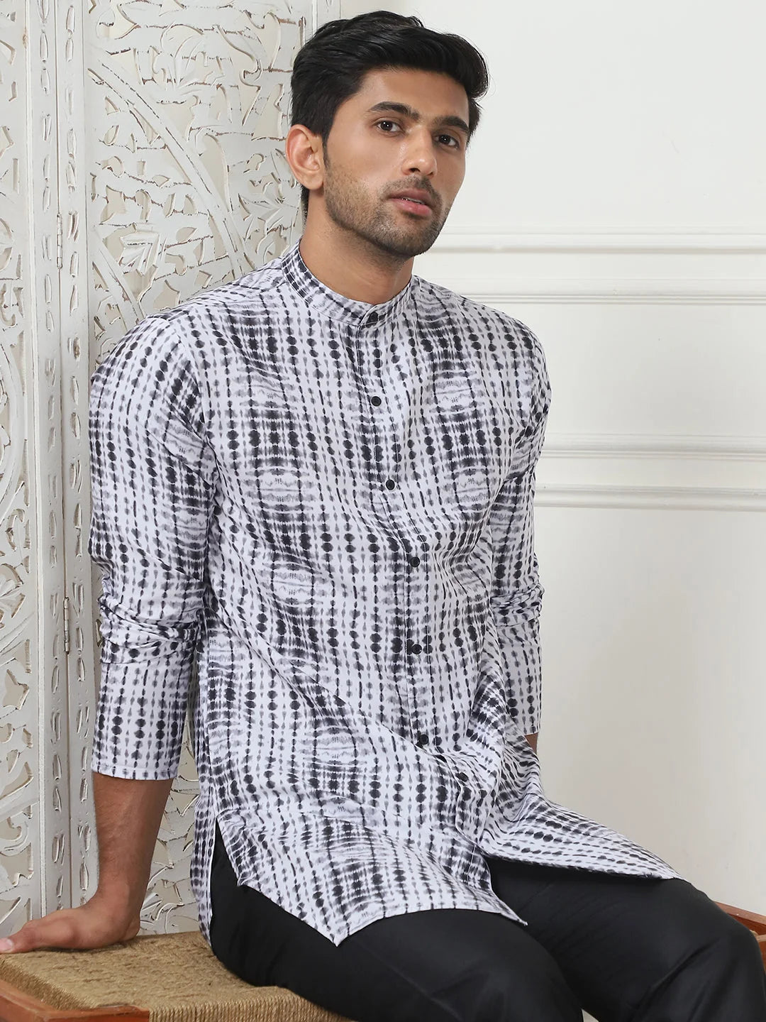 Printed Mens Kurta Pajama Set with Trouser | Cotton Blend