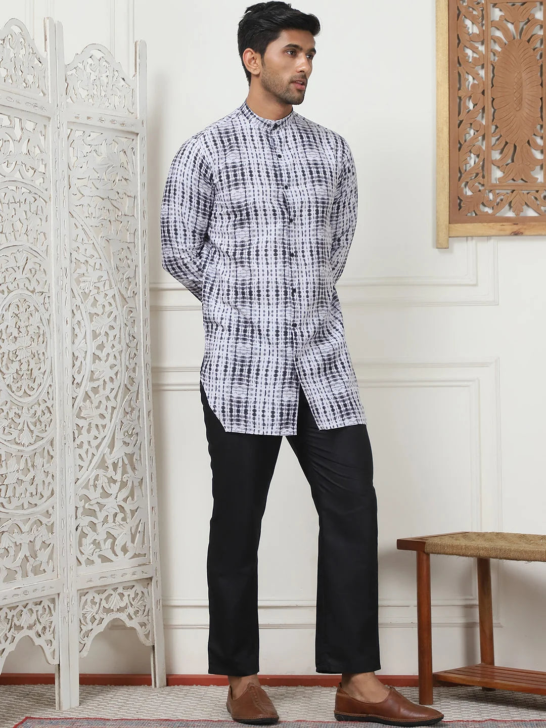 Printed Mens Kurta Pajama Set with Trouser | Cotton Blend