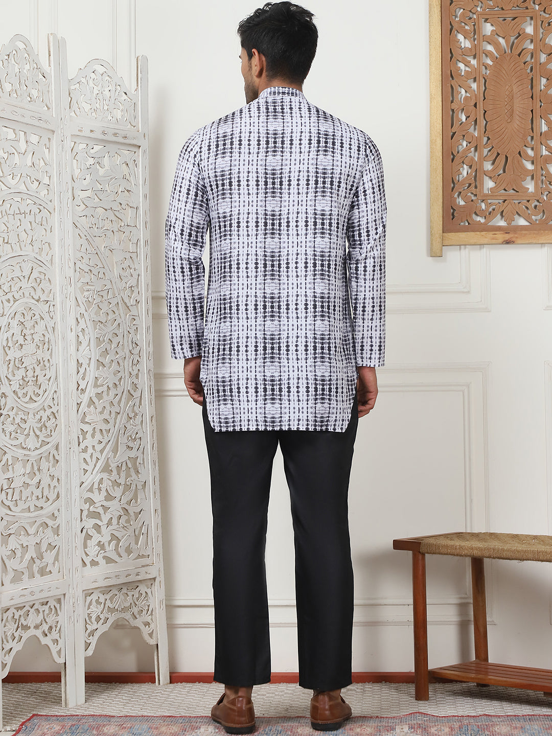 Printed Mens Kurta Pajama Set with Trouser | Cotton Blend