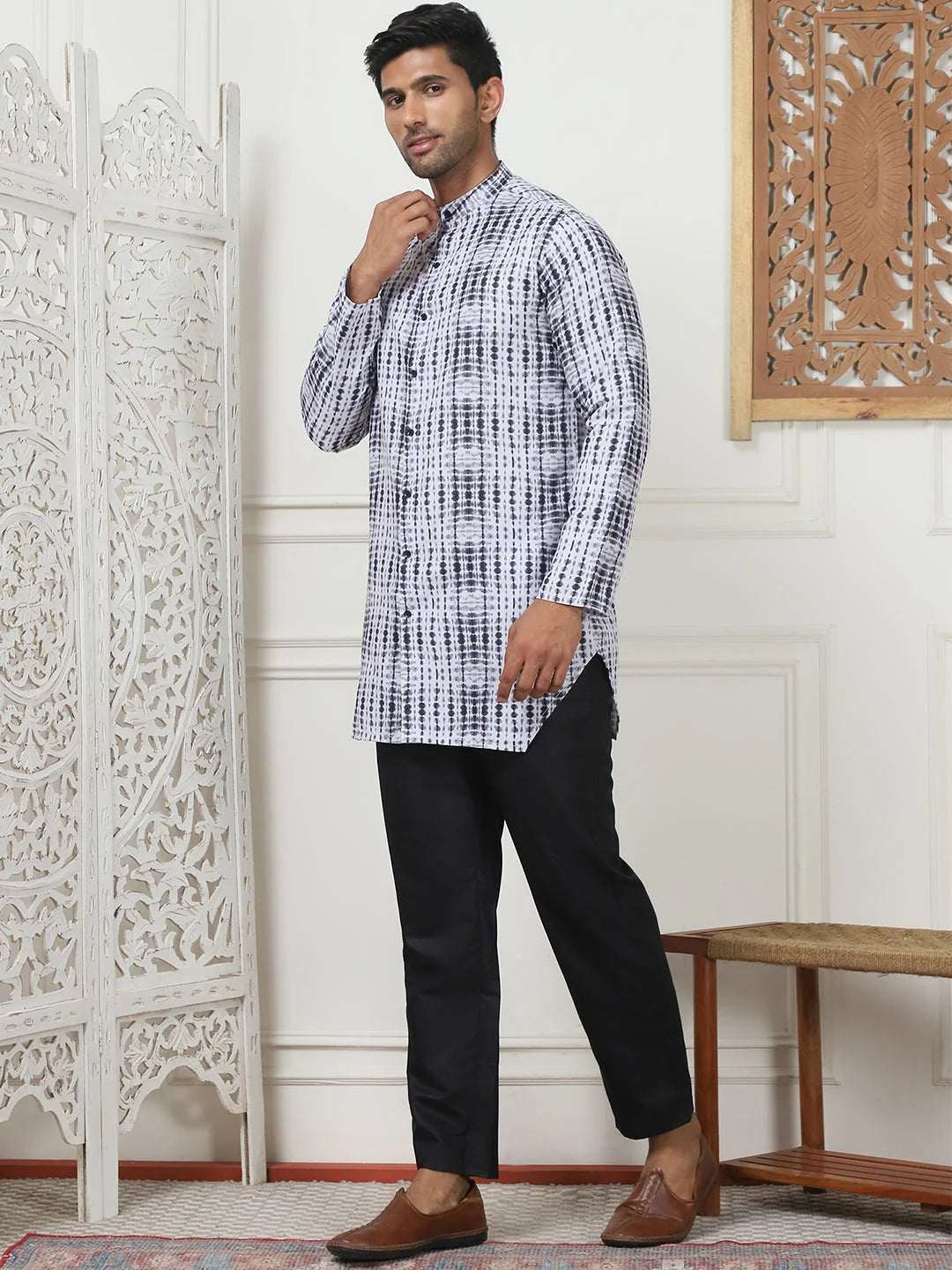 Printed Mens Kurta Pajama Set with Trouser | Cotton Blend