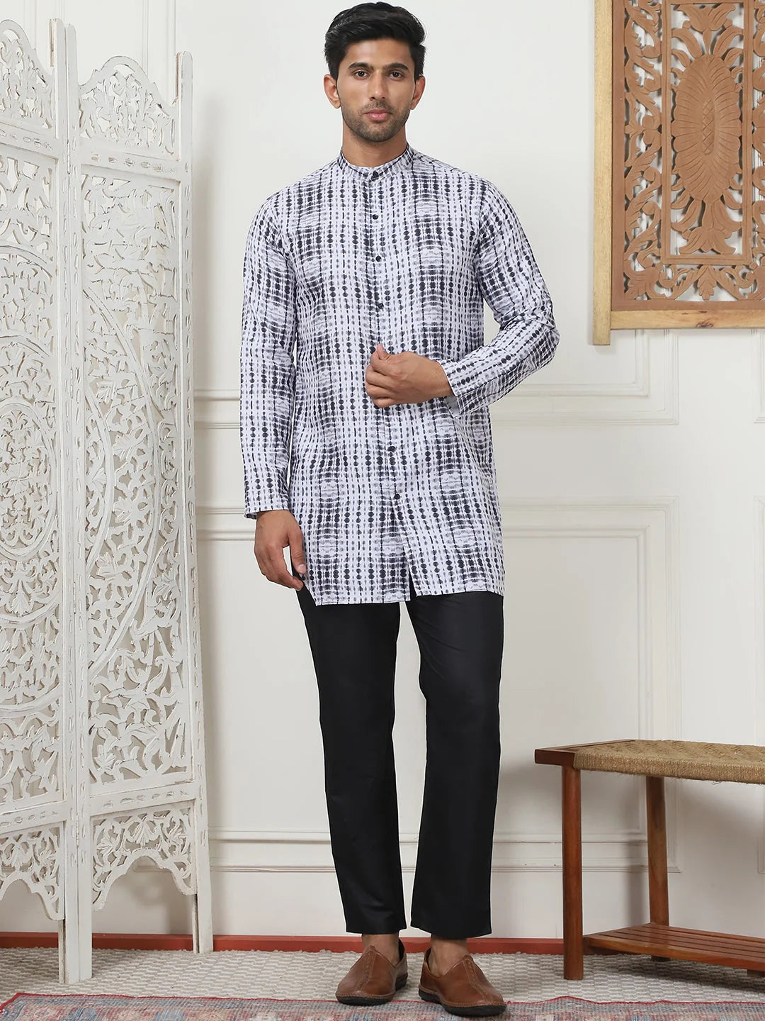 Printed Mens Kurta Pajama Set with Trouser | Cotton Blend
