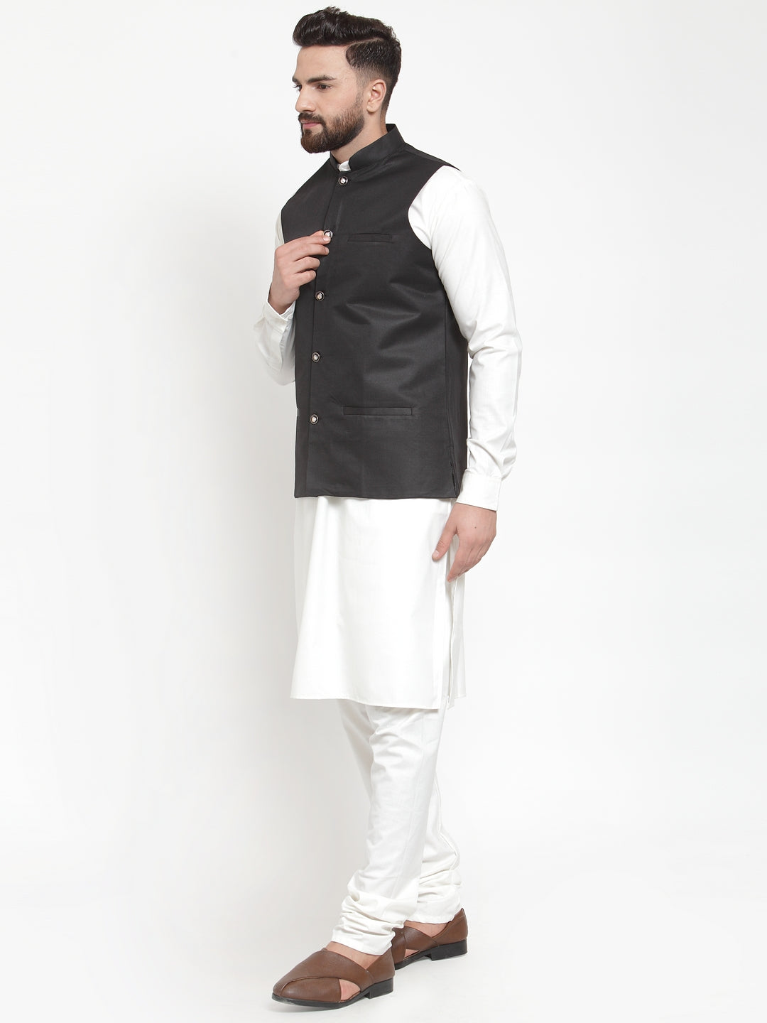 Classic Men's Kurta Pajama Set with Black Waistcoat | Cotton