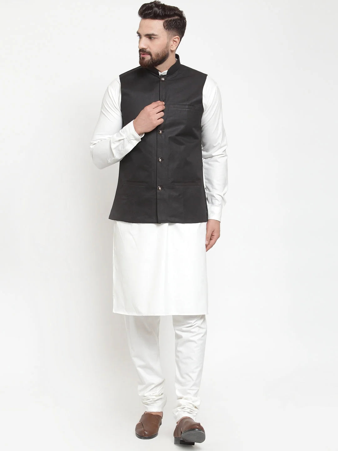 Classic Men's Kurta Pajama Set with Black Waistcoat | Cotton