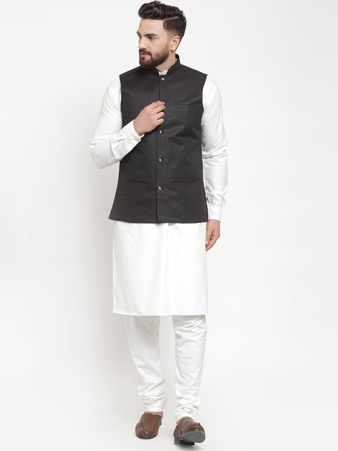 Classic Men's Kurta Pajama Set with Black Waistcoat | Cotton