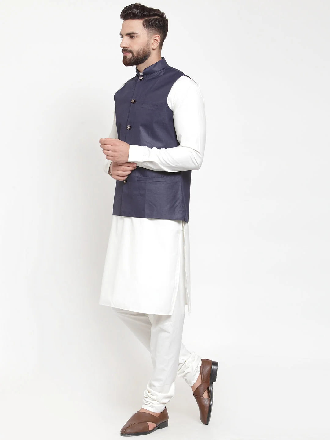 Navy Blue Waistcoat with Men's Kurta Pajama Set | Cotton