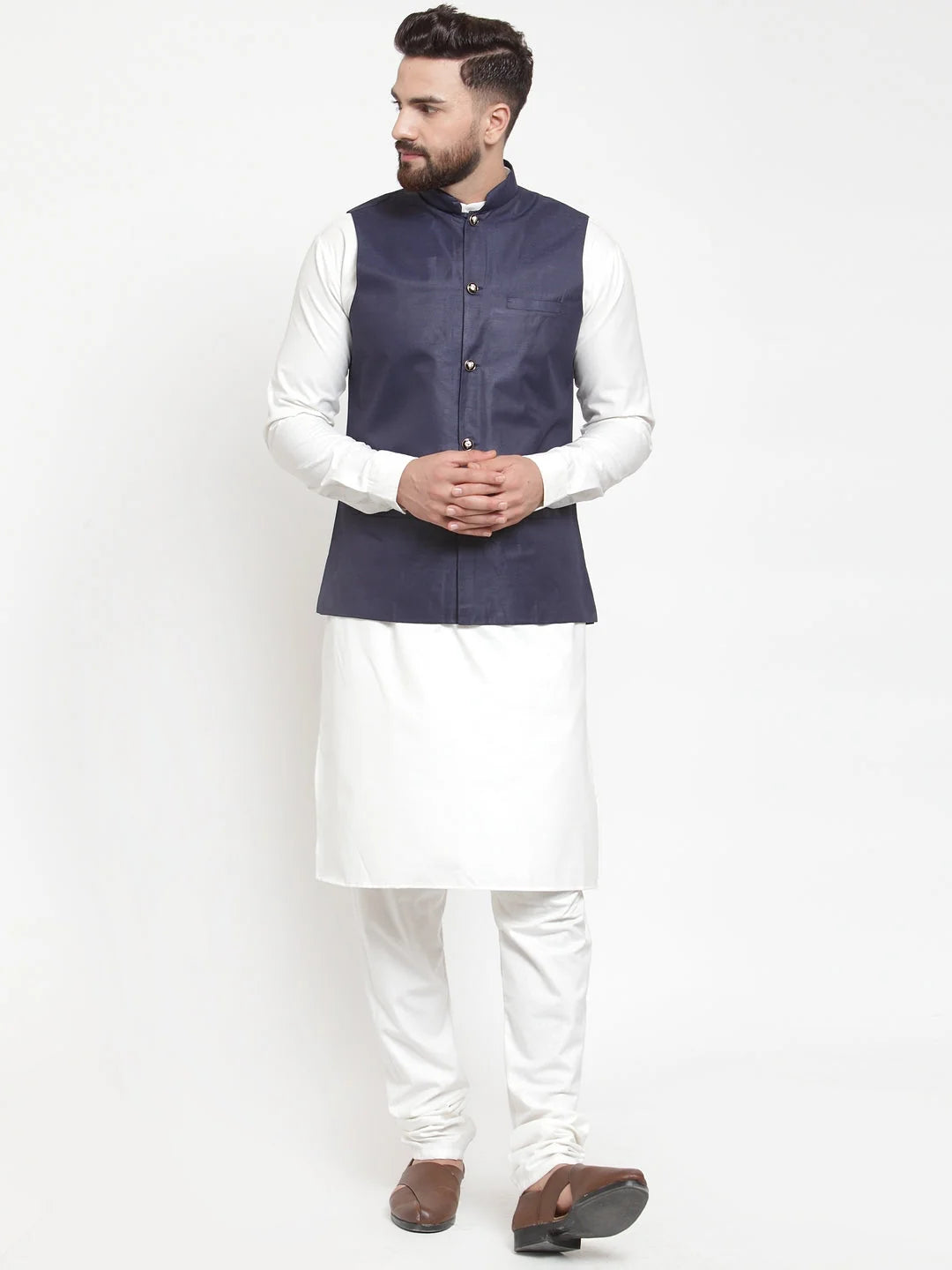 Navy Blue Waistcoat with Men's Kurta Pajama Set | Cotton