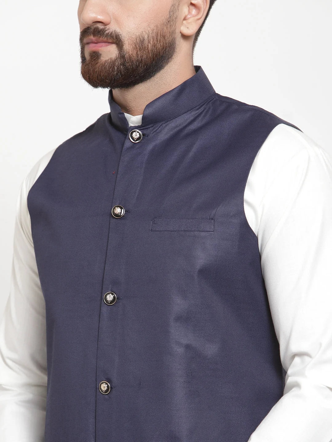 Navy Blue Waistcoat with Men's Kurta Pajama Set | Cotton