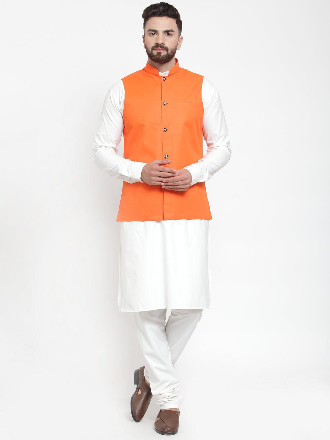 Men's Solid Kurta Pajama Set with Orange Waistcoat | Cotton