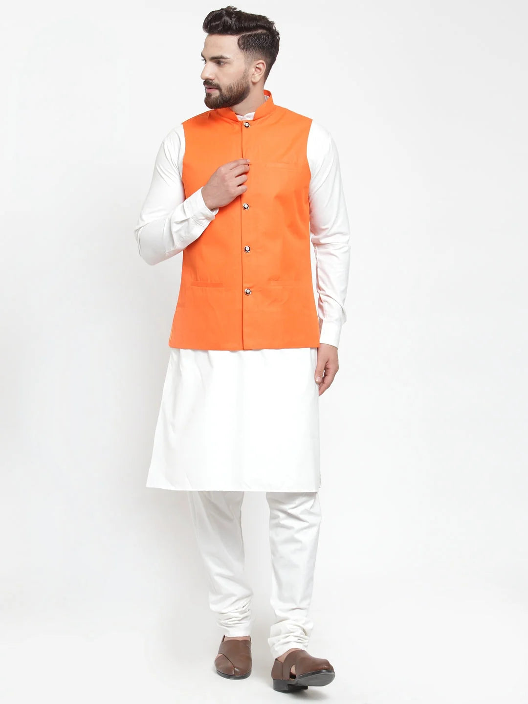 Men's Solid Kurta Pajama Set with Orange Waistcoat | Cotton