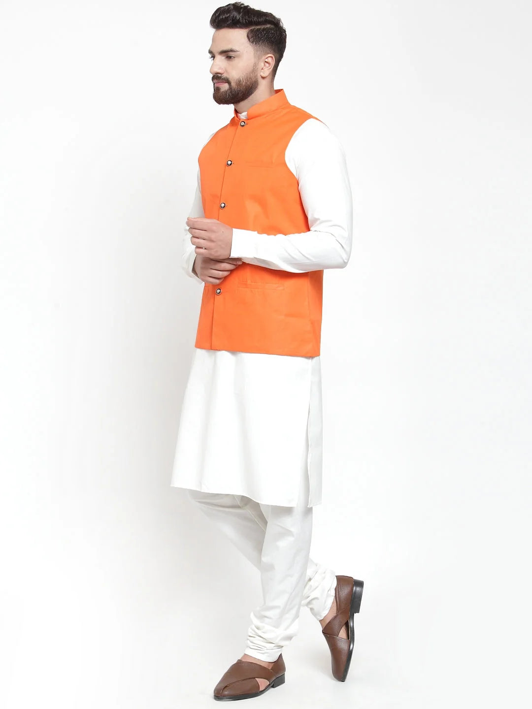 Men's Solid Kurta Pajama Set with Orange Waistcoat | Cotton
