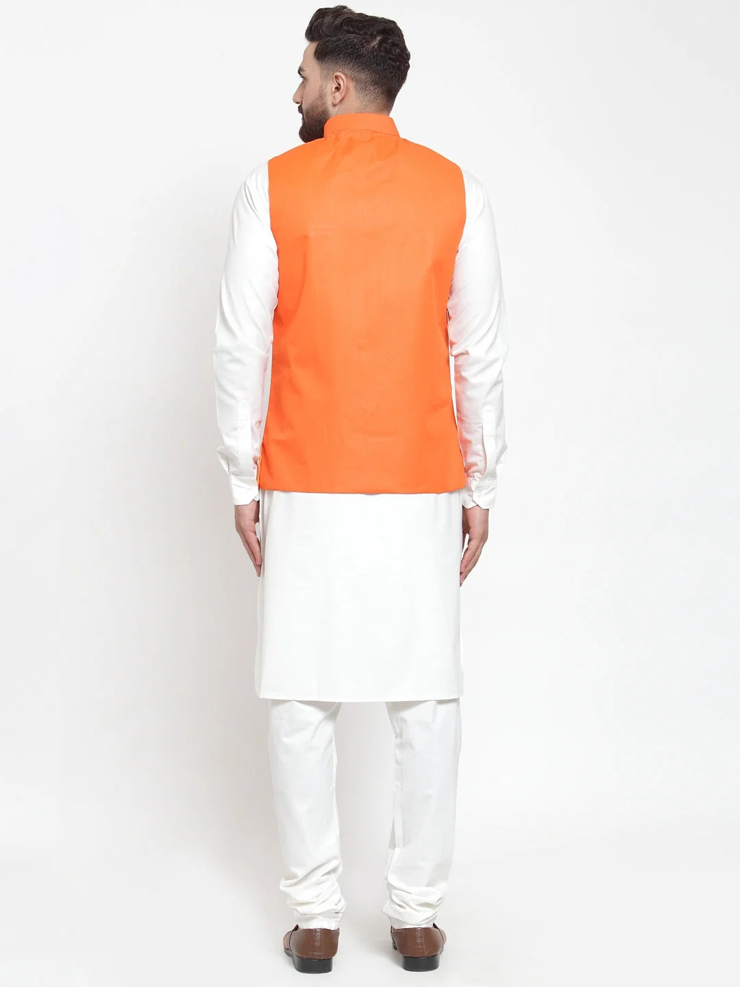Men's Solid Kurta Pajama Set with Orange Waistcoat | Cotton