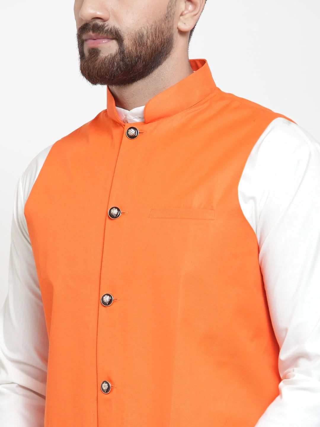 Men's Solid Kurta Pajama Set with Orange Waistcoat | Cotton