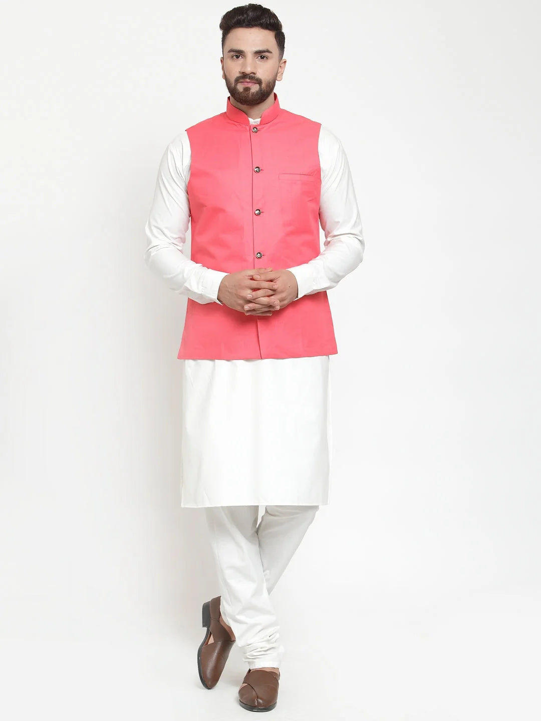 Stylish Men's Kurta Pajama Set with Peach Waistcoat | Cotton