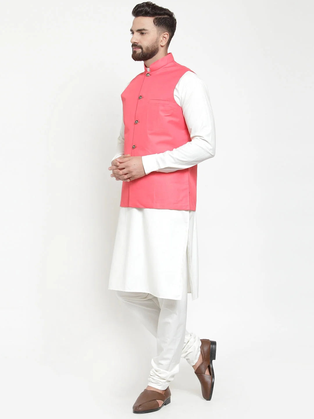Stylish Men's Kurta Pajama Set with Peach Waistcoat | Cotton