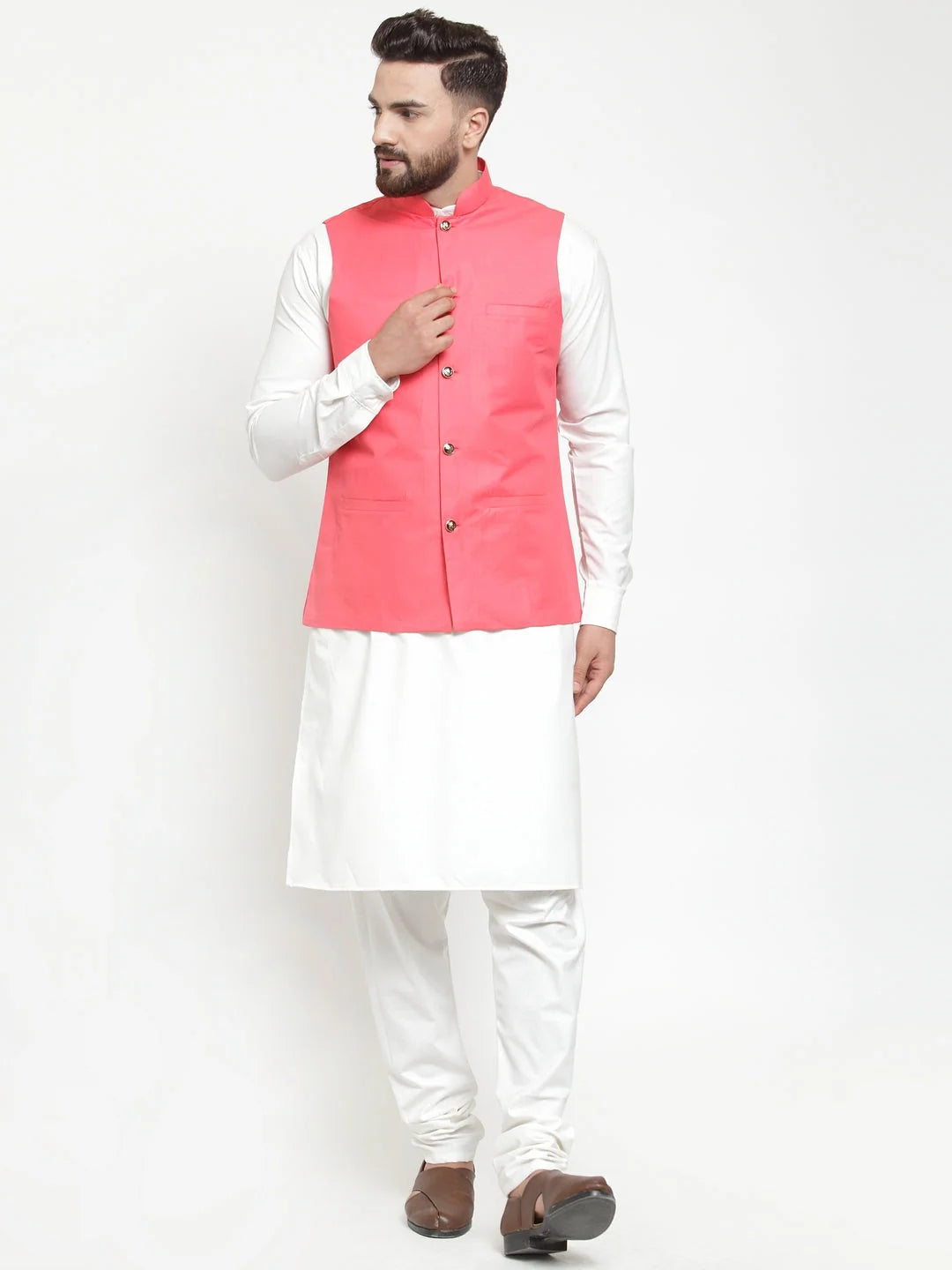 Stylish Men's Kurta Pajama Set with Peach Waistcoat | Cotton