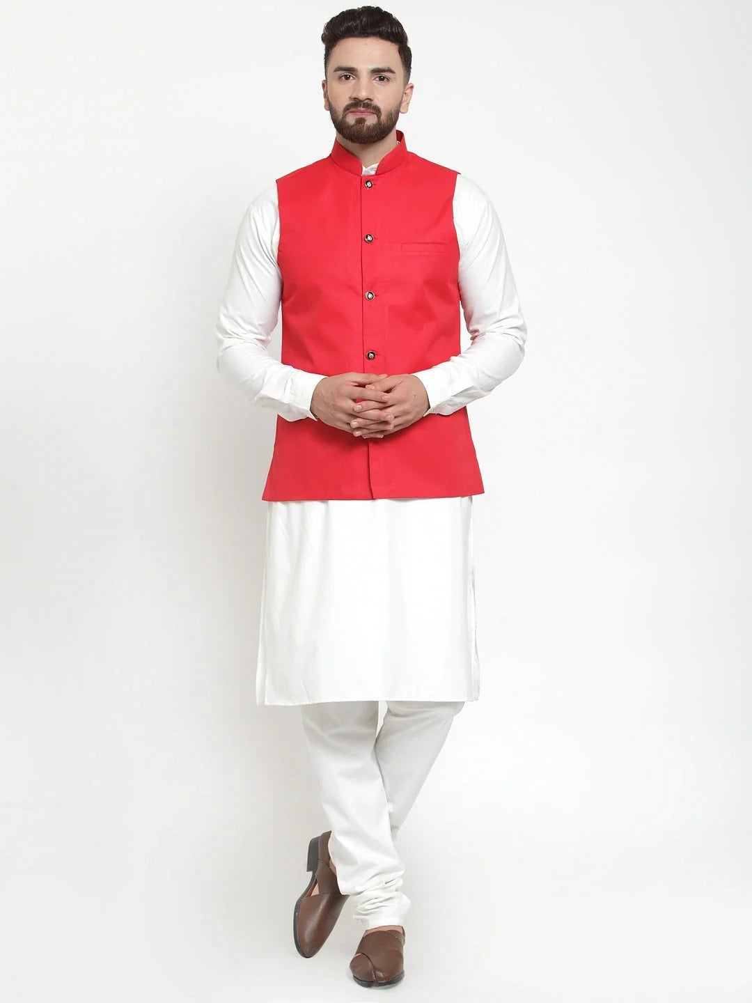 Men's White Kurta Pajama Set with Red Waistcoat | Cotton