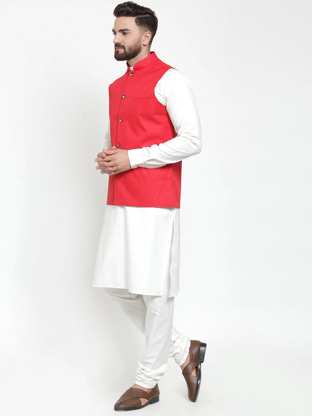 Men's White Kurta Pajama Set with Red Waistcoat | Cotton