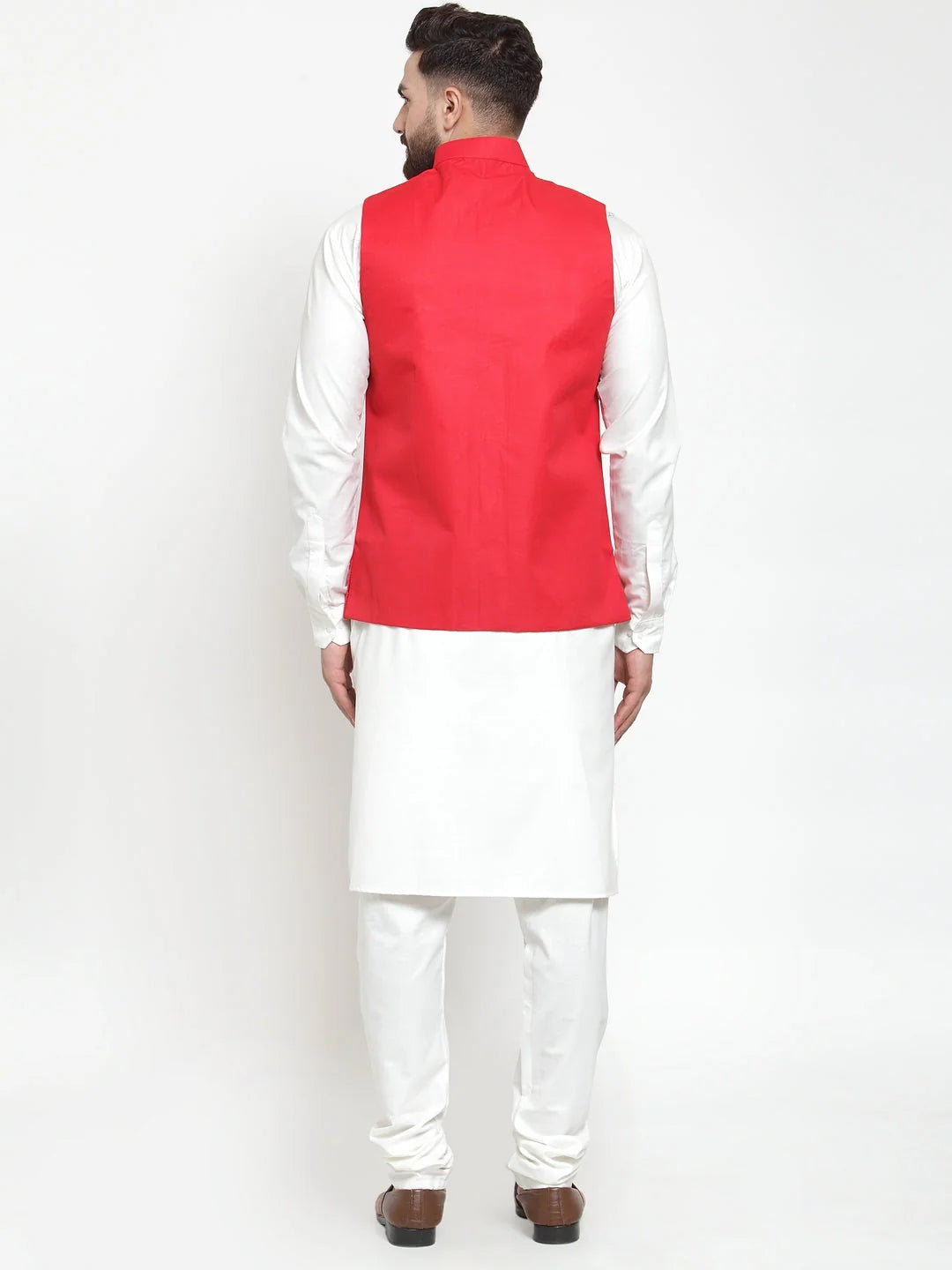 Men's White Kurta Pajama Set with Red Waistcoat | Cotton