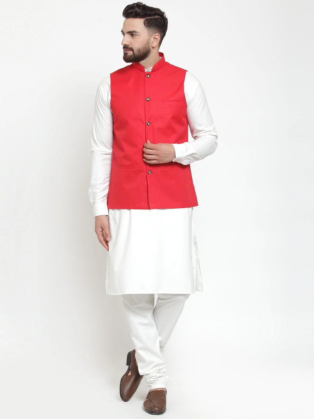 Men's White Kurta Pajama Set with Red Waistcoat | Cotton