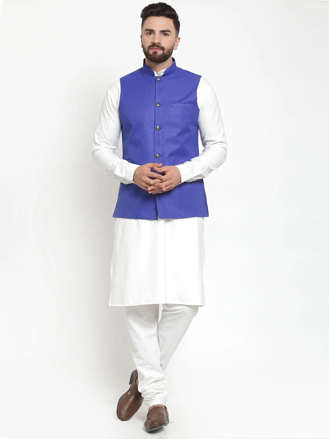 White Kurta Pajama Set with Royal Blue Waistcoat - Pathani Style