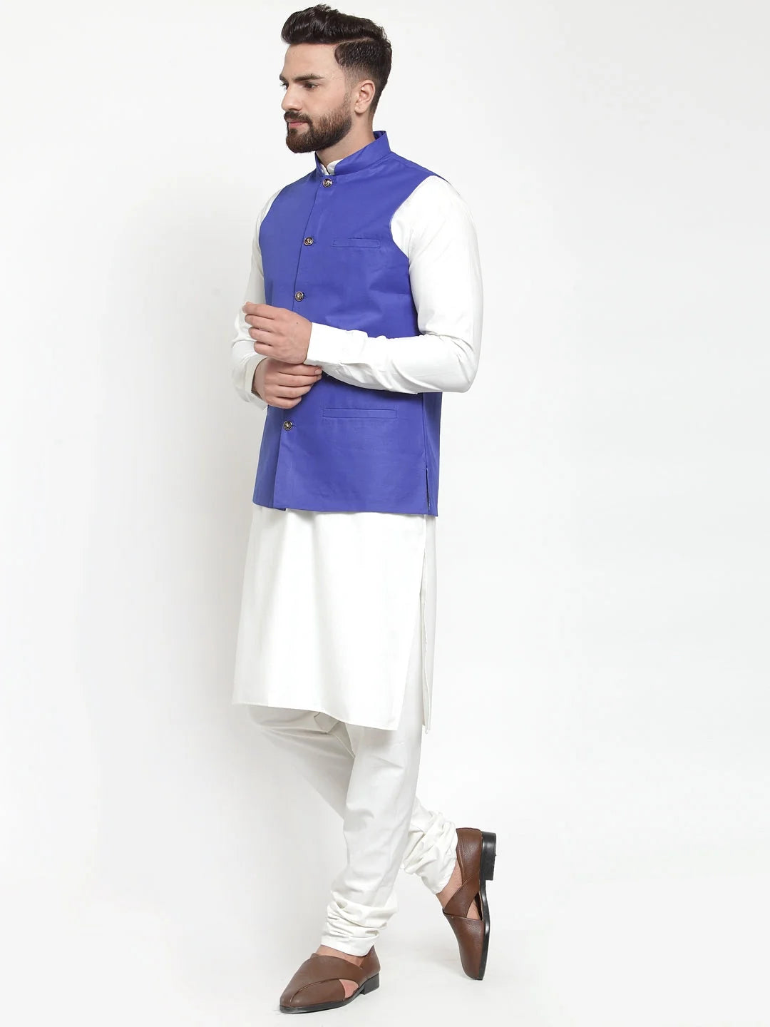 White Kurta Pajama Set with Royal Blue Waistcoat - Pathani Style