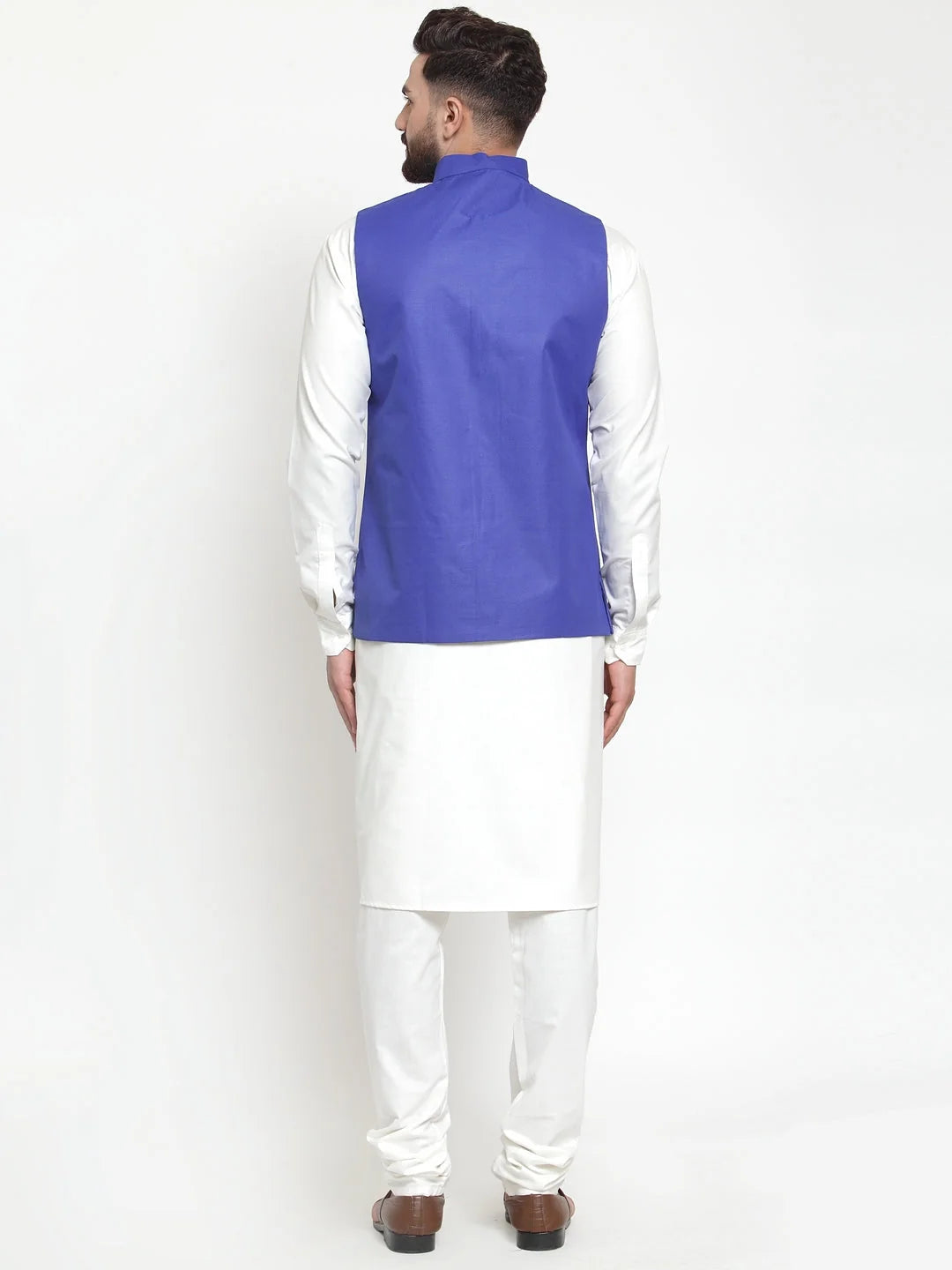 White Kurta Pajama Set with Royal Blue Waistcoat - Pathani Style