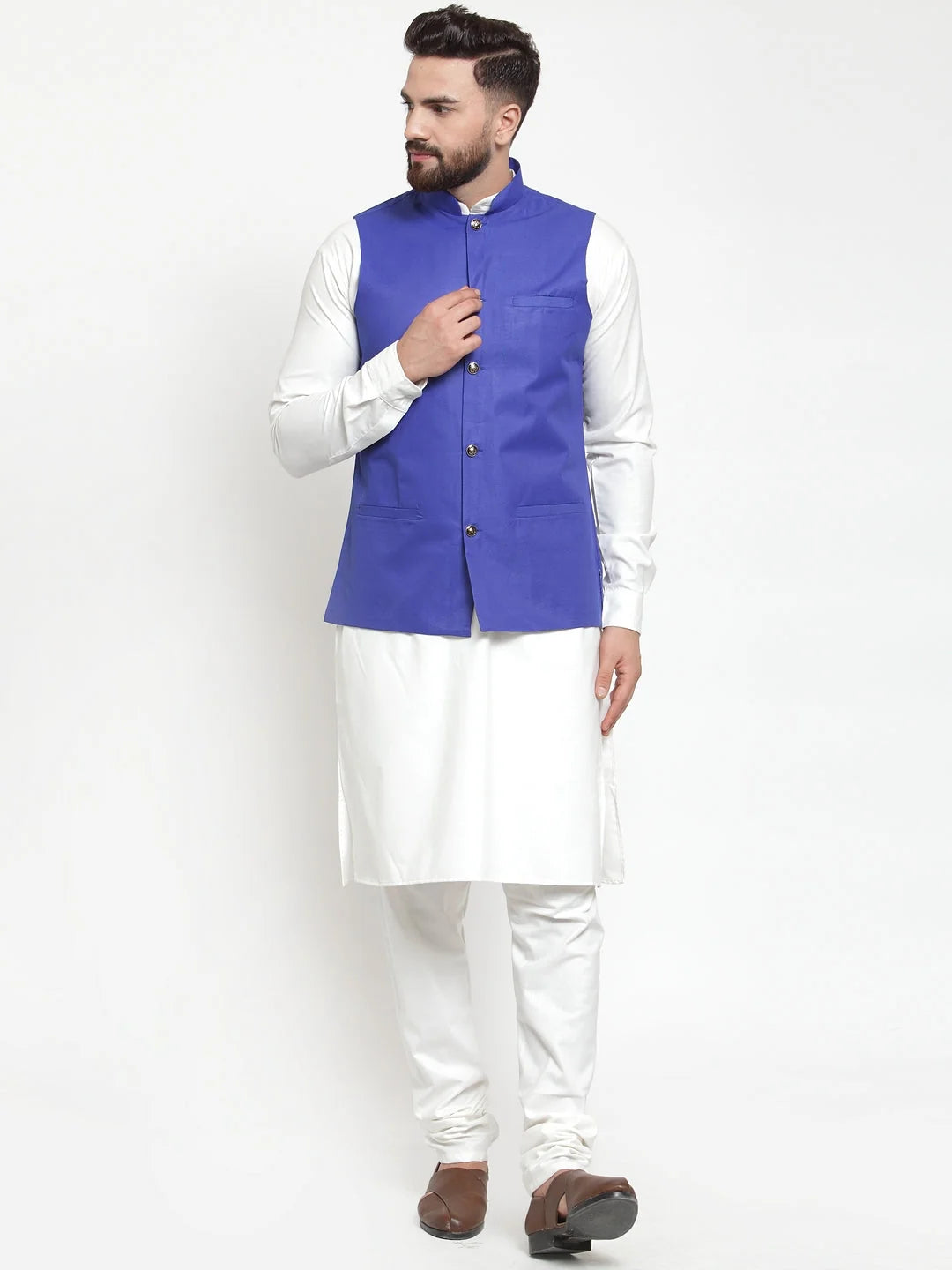 White Kurta Pajama Set with Royal Blue Waistcoat - Pathani Style