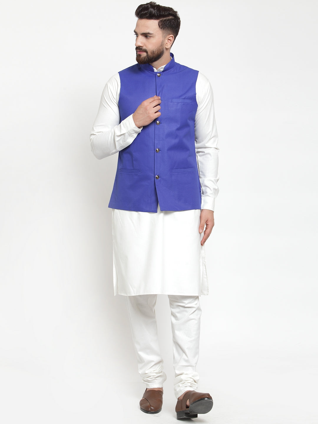 White Kurta Pajama Set with Royal Blue Waistcoat - Pathani Style