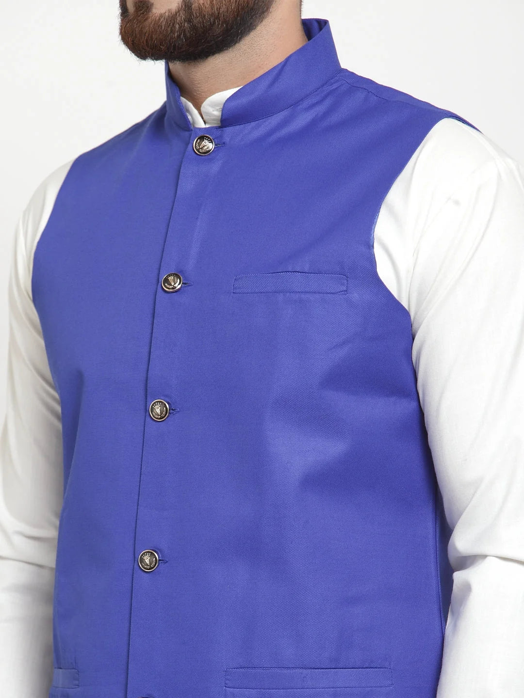 White Kurta Pajama Set with Royal Blue Waistcoat - Pathani Style