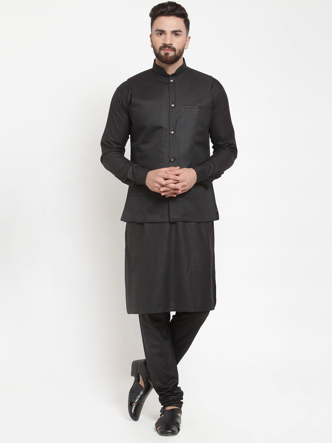 Black Kurta Pajama Set with Waistcoat - Mens Cotton Pathani
