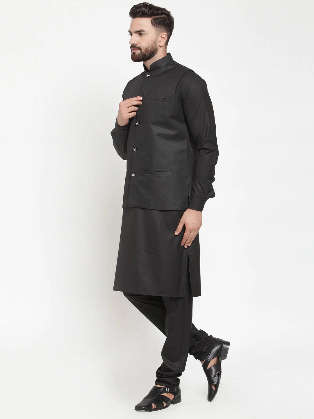 Black Kurta Pajama Set with Waistcoat - Mens Cotton Pathani