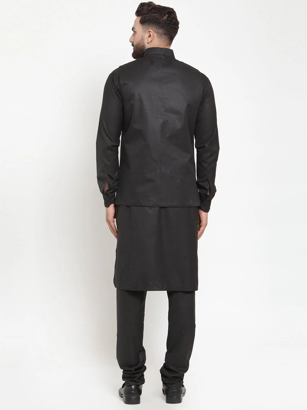 Black Kurta Pajama Set with Waistcoat - Mens Cotton Pathani