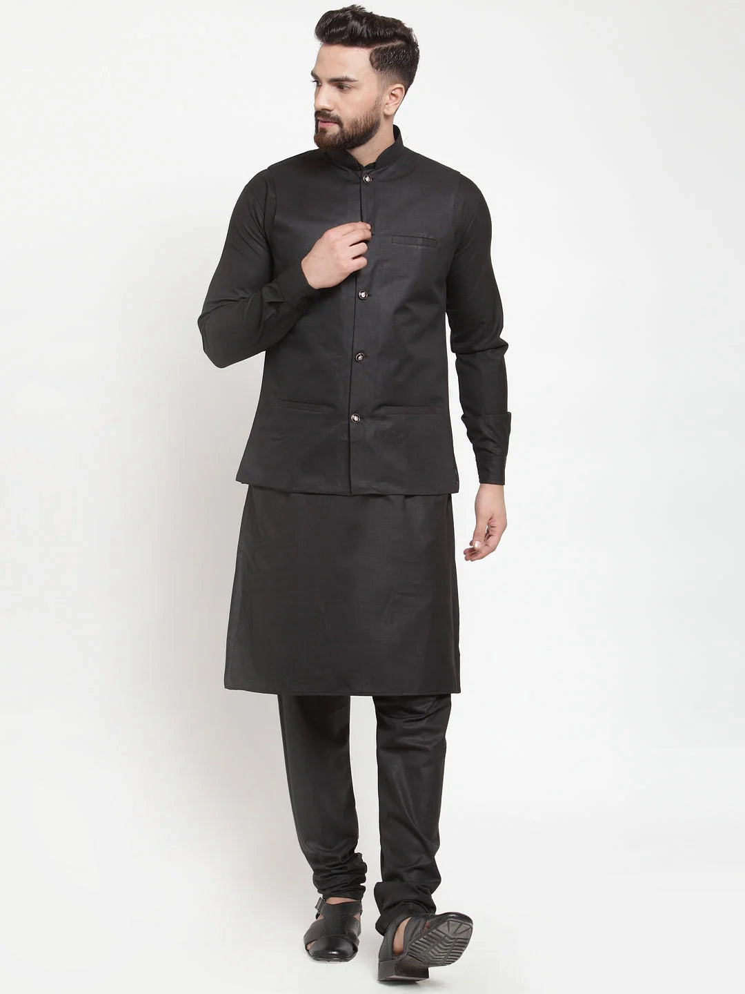 Black Kurta Pajama Set with Waistcoat - Mens Cotton Pathani