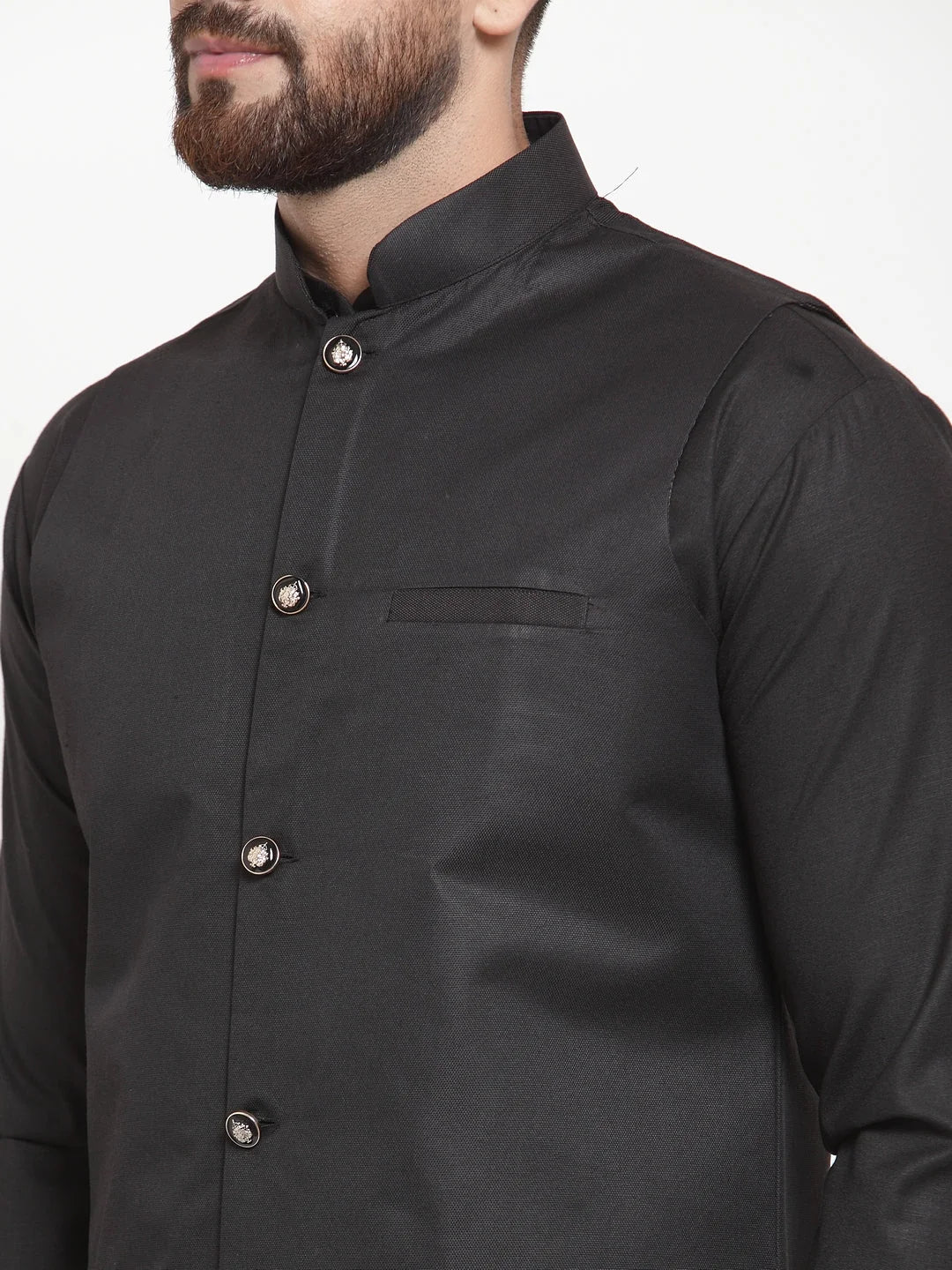 Black Kurta Pajama Set with Waistcoat - Mens Cotton Pathani