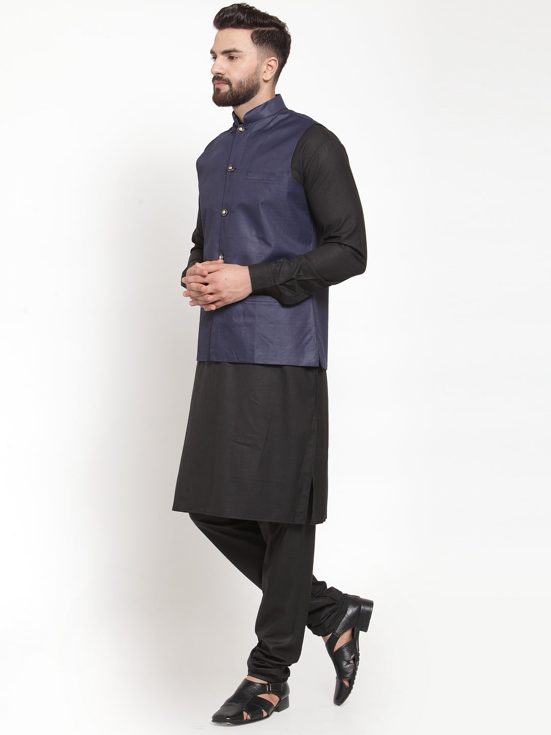 Mens Kurta Pajama Set with Navy Waistcoat - Cotton Pathani Style