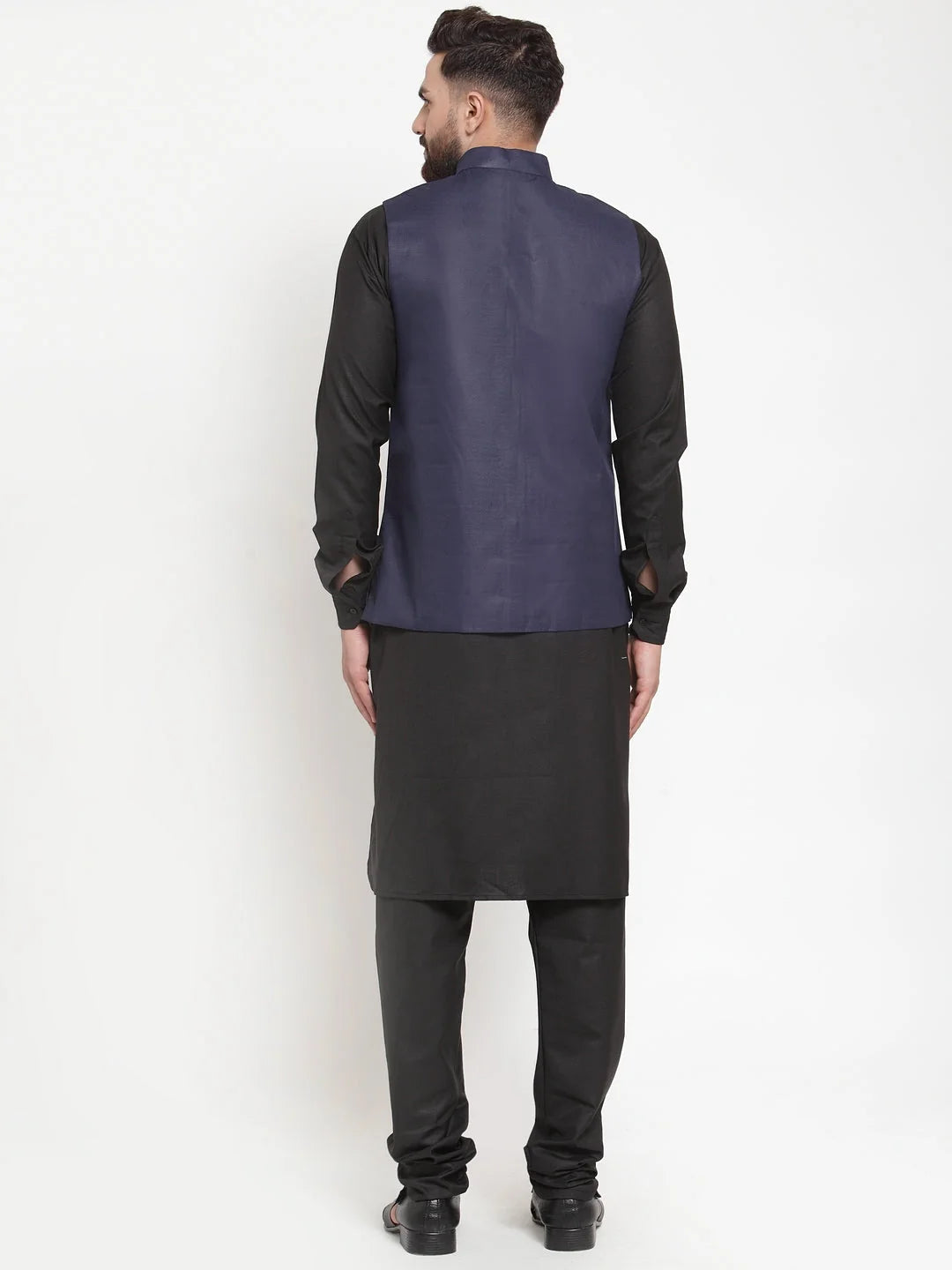 Mens Kurta Pajama Set with Navy Waistcoat - Cotton Pathani Style