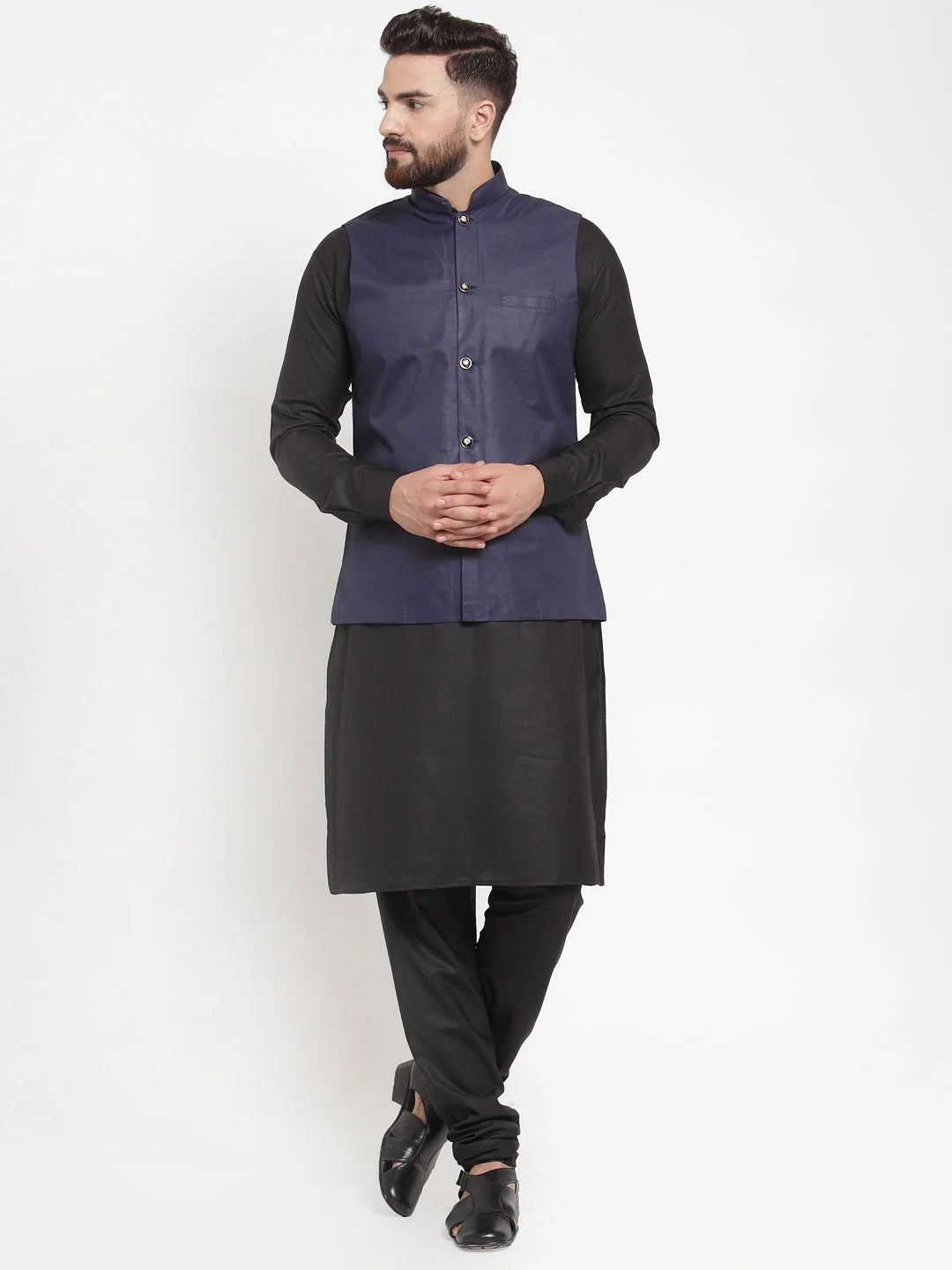 Mens Kurta Pajama Set with Navy Waistcoat - Cotton Pathani Style
