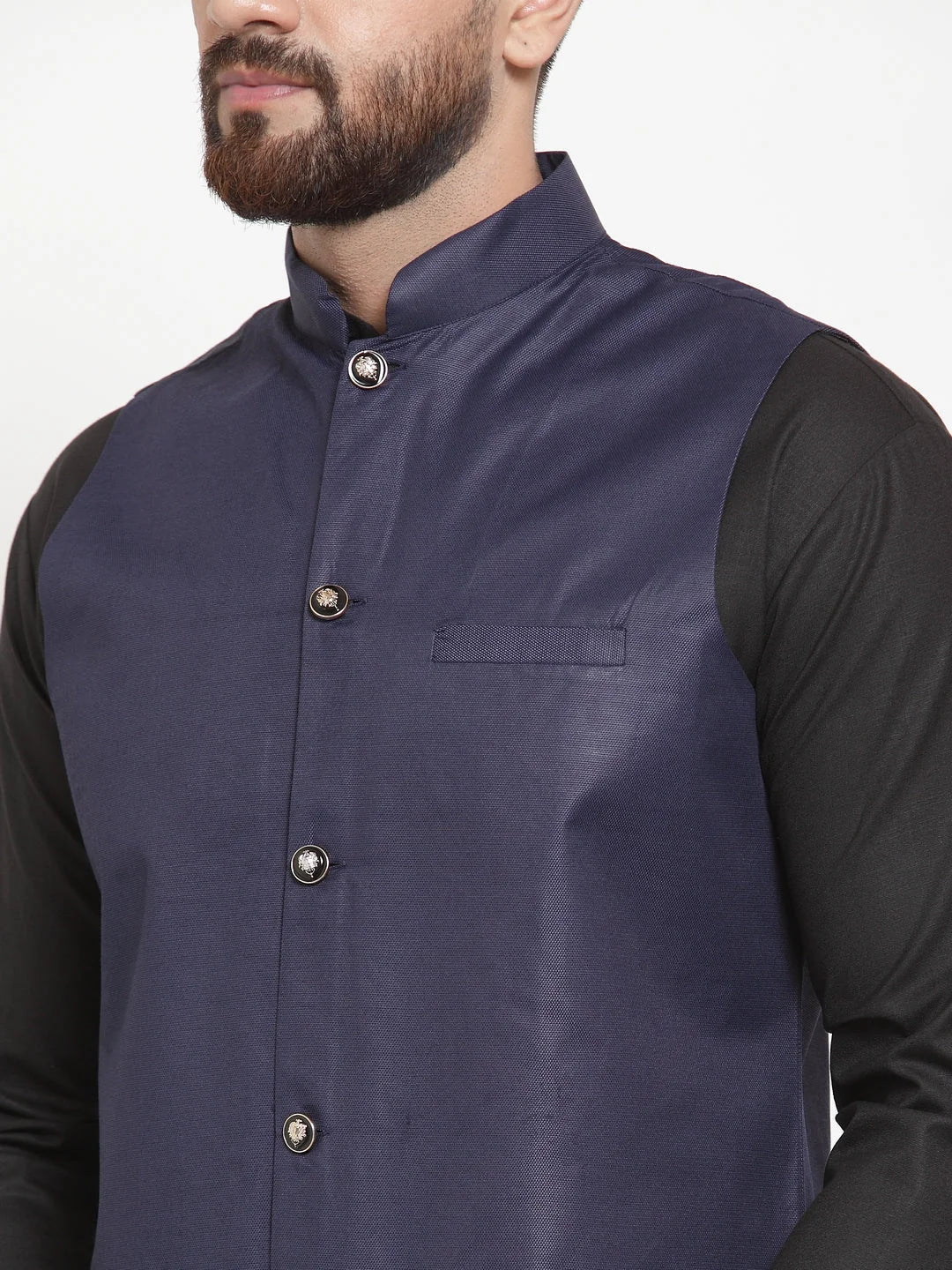Mens Kurta Pajama Set with Navy Waistcoat - Cotton Pathani Style